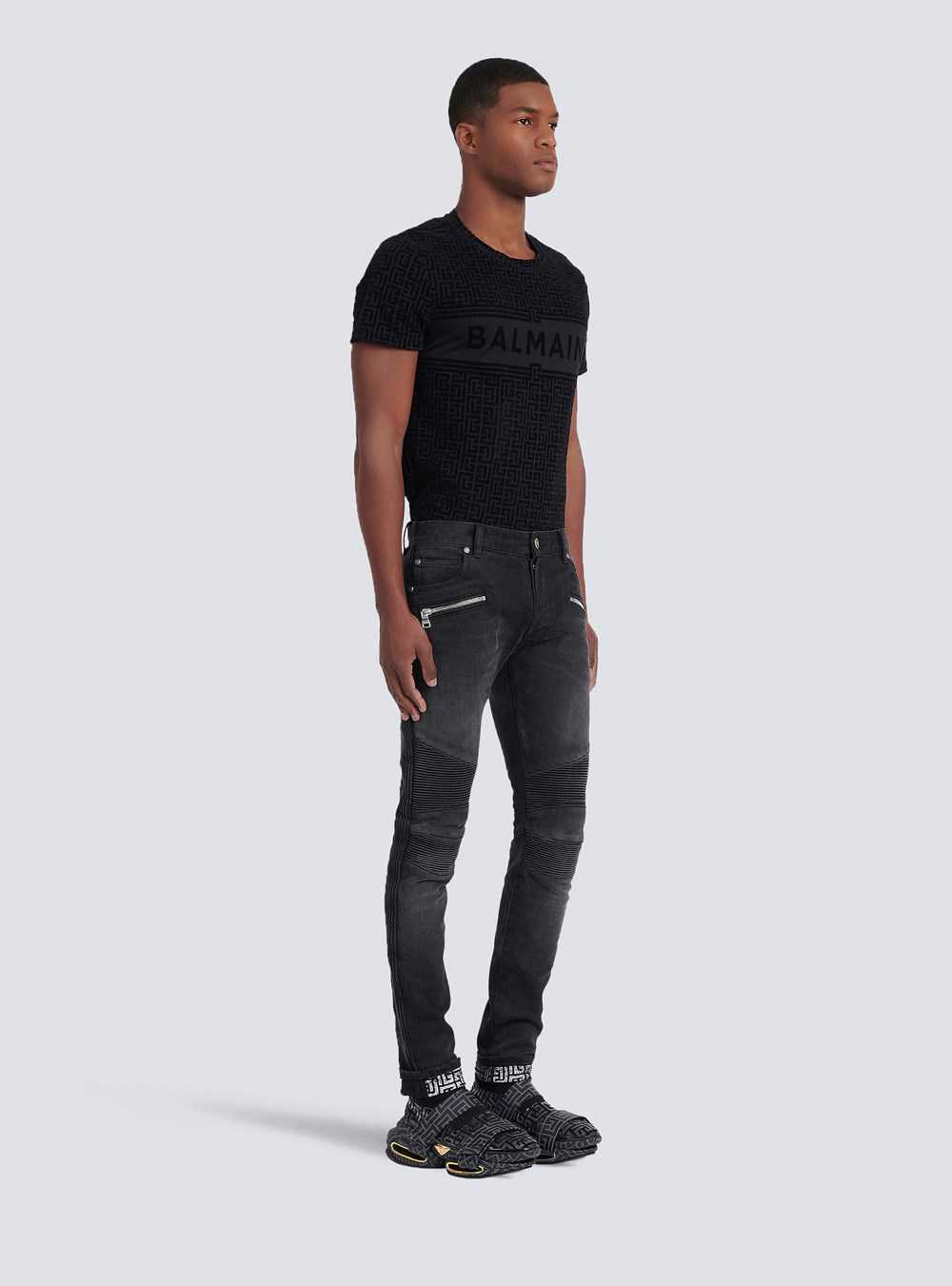 Balmain Slim Cut Faded And Ridged Cotton Jeans With Balmain Monogram On Hem Black | JAXVLGI-76