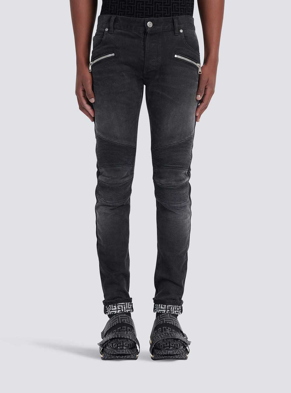 Balmain Slim Cut Faded And Ridged Cotton Jeans With Balmain Monogram On Hem Black | JAXVLGI-76