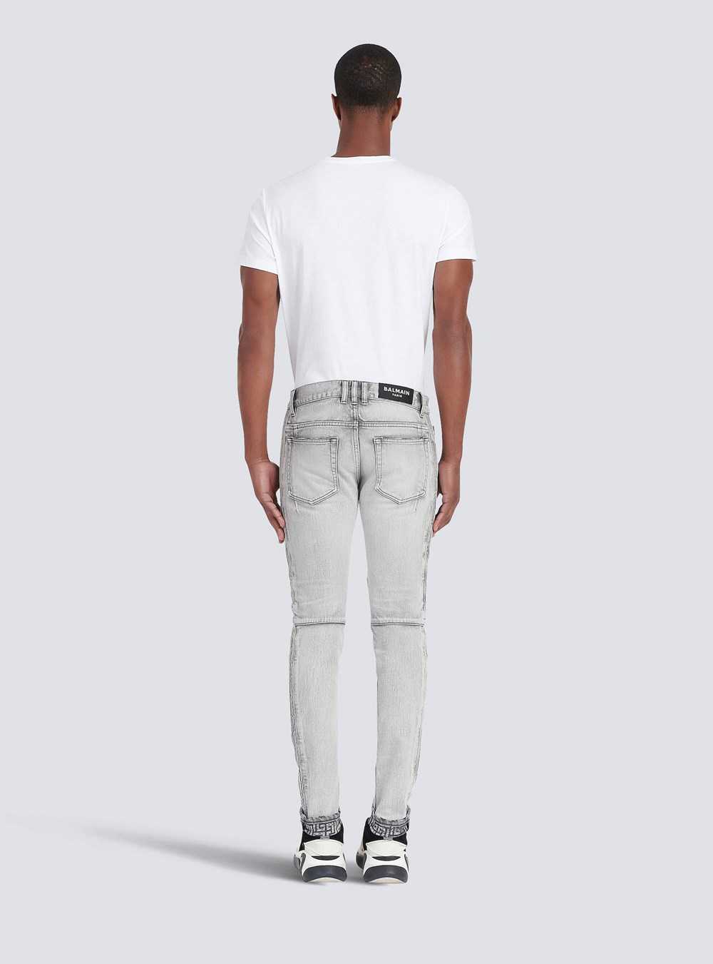 Balmain Slim Cut Faded And Ridged Light Gray Cotton Jeans With Balmain Monogram On Hem Grey | LKCZVJG-09