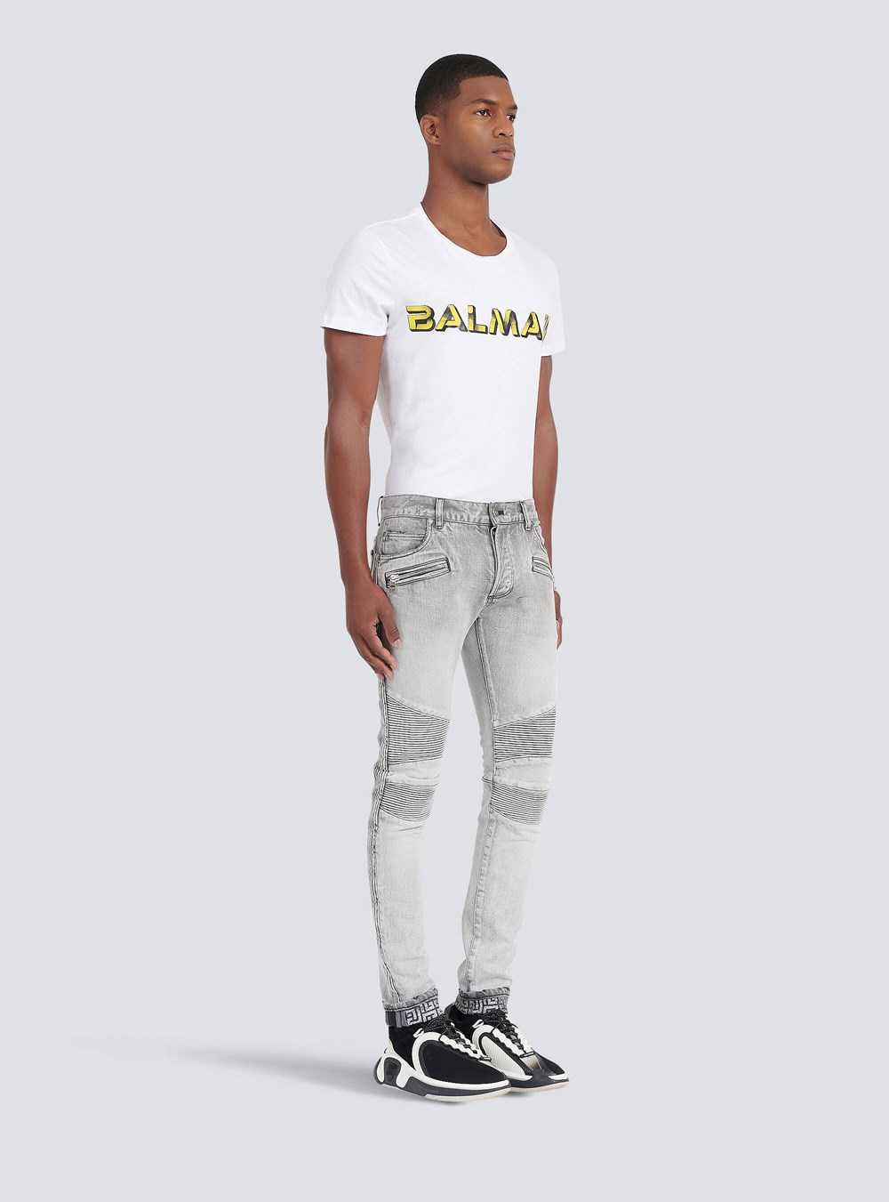 Balmain Slim Cut Faded And Ridged Light Gray Cotton Jeans With Balmain Monogram On Hem Grey | LKCZVJG-09