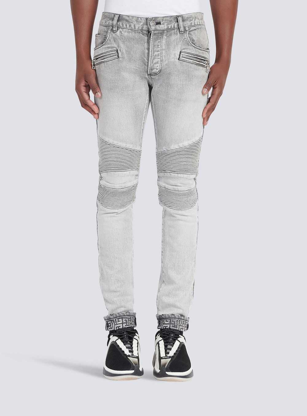 Balmain Slim Cut Faded And Ridged Light Gray Cotton Jeans With Balmain Monogram On Hem Grey | LKCZVJG-09