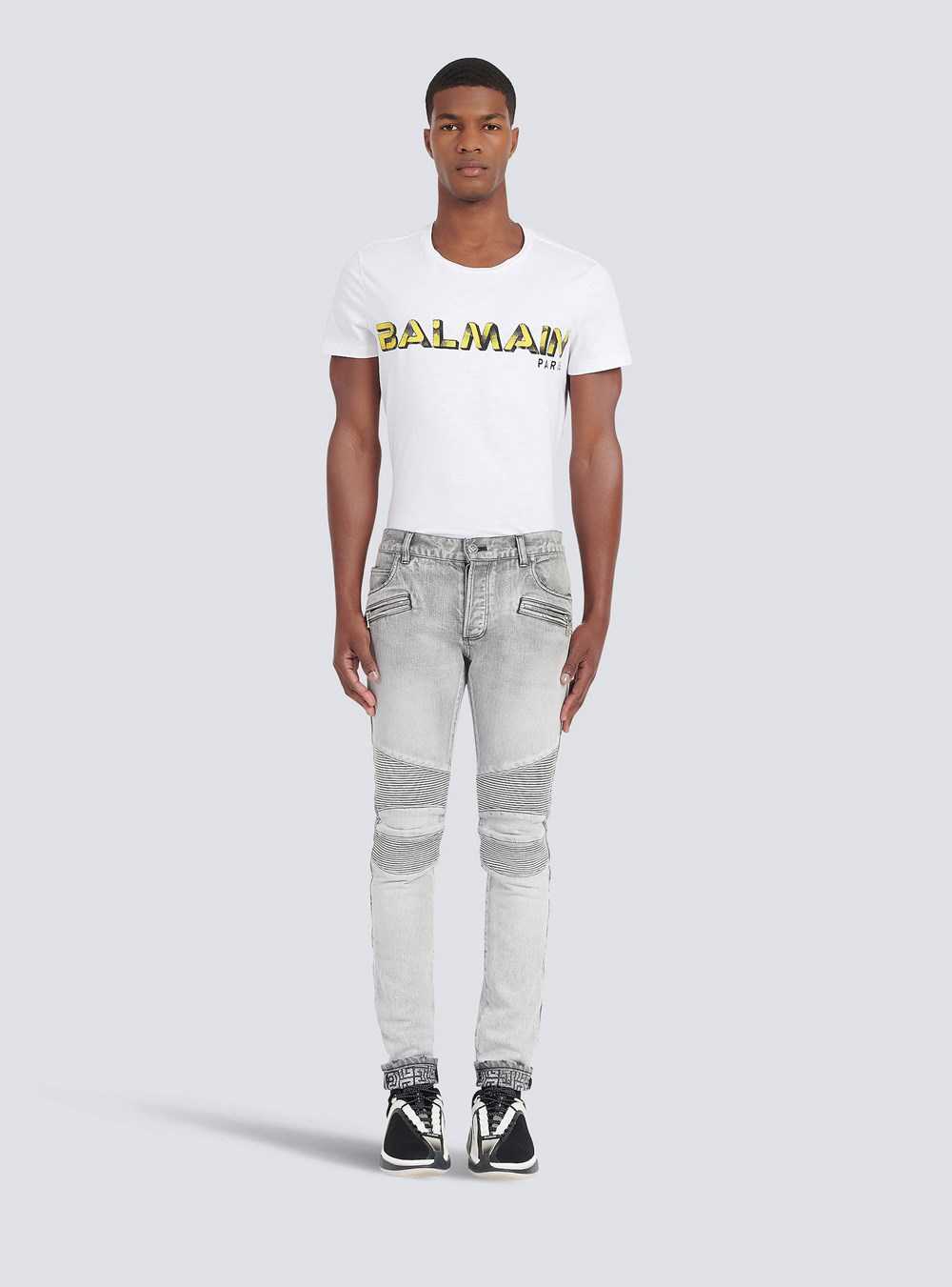 Balmain Slim Cut Faded And Ridged Light Gray Cotton Jeans With Balmain Monogram On Hem Grey | LKCZVJG-09