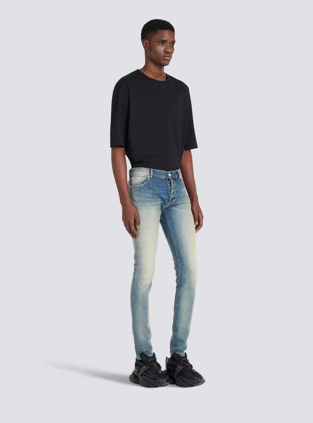 Balmain Slim Cut Faded Cotton Jeans Blue | AKNVIYP-15