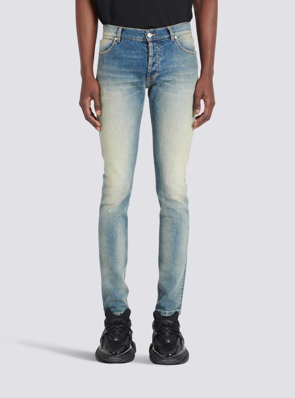 Balmain Slim Cut Faded Cotton Jeans Blue | AKNVIYP-15