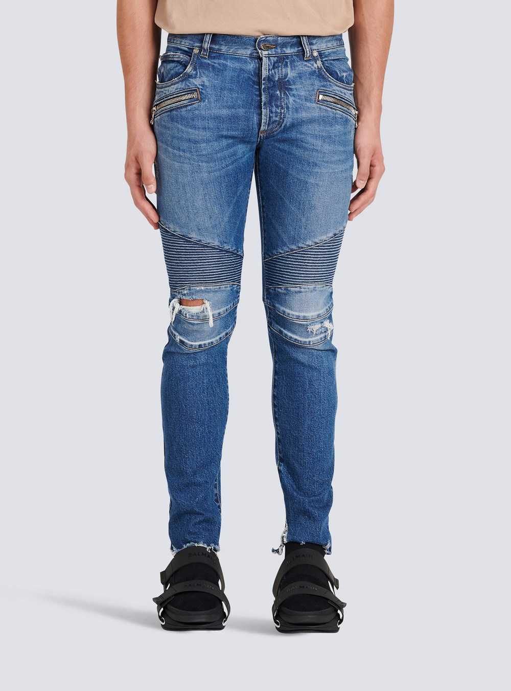 Balmain Slim Cut Ribbed Cotton Jeans Blue | PIEDUYS-79