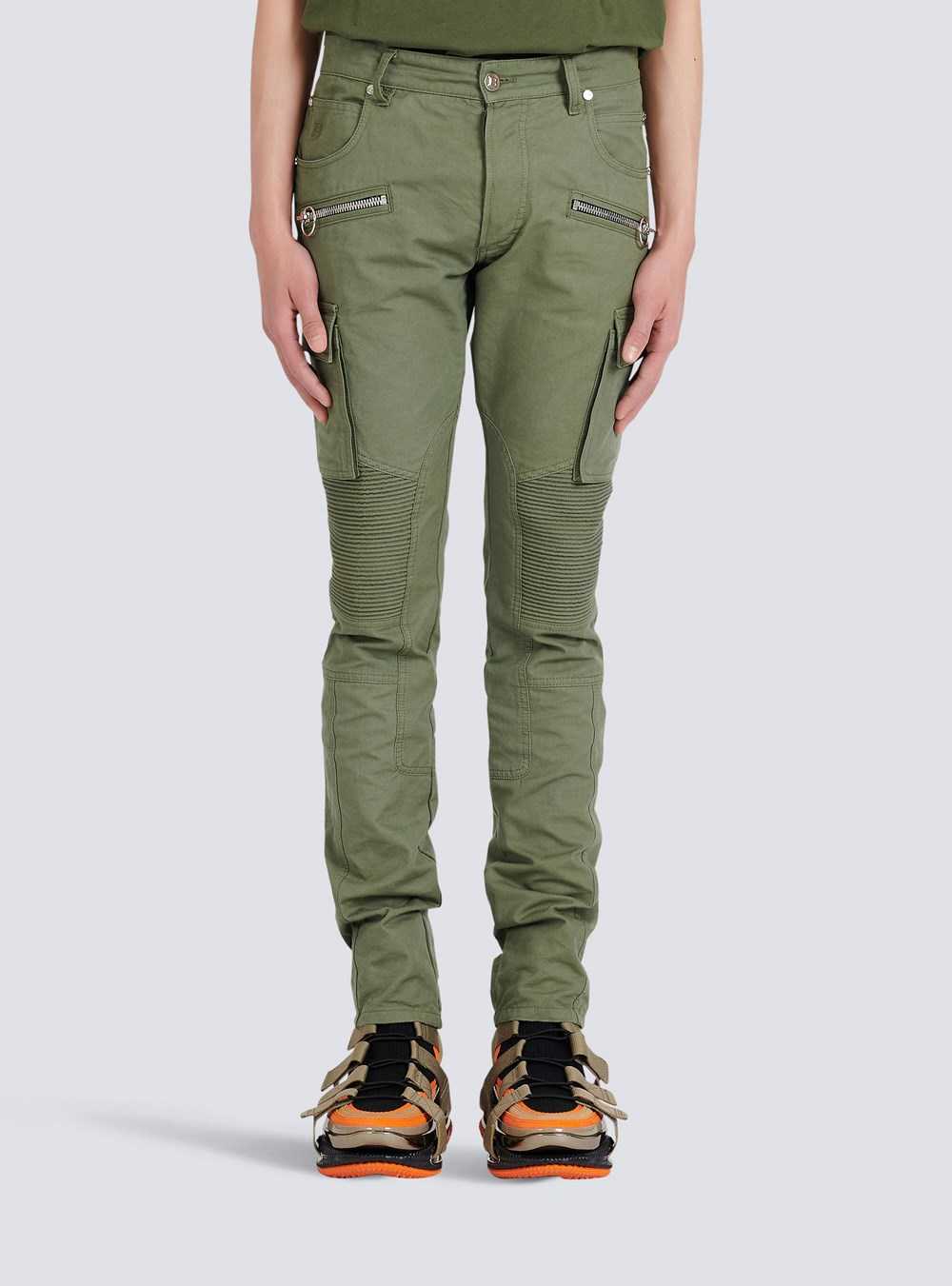 Balmain Slim Cut Ridged Cotton Cargo Jeans Khaki | FMHVXJS-47