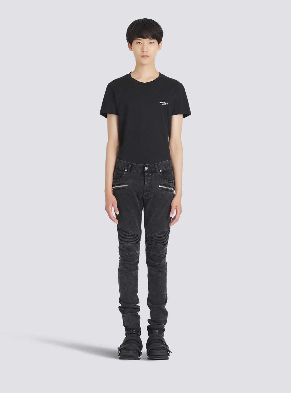 Balmain Slim Cut Ridged Cotton Jeans With Balmain Monogram On Hem Black | MCUIWHK-28