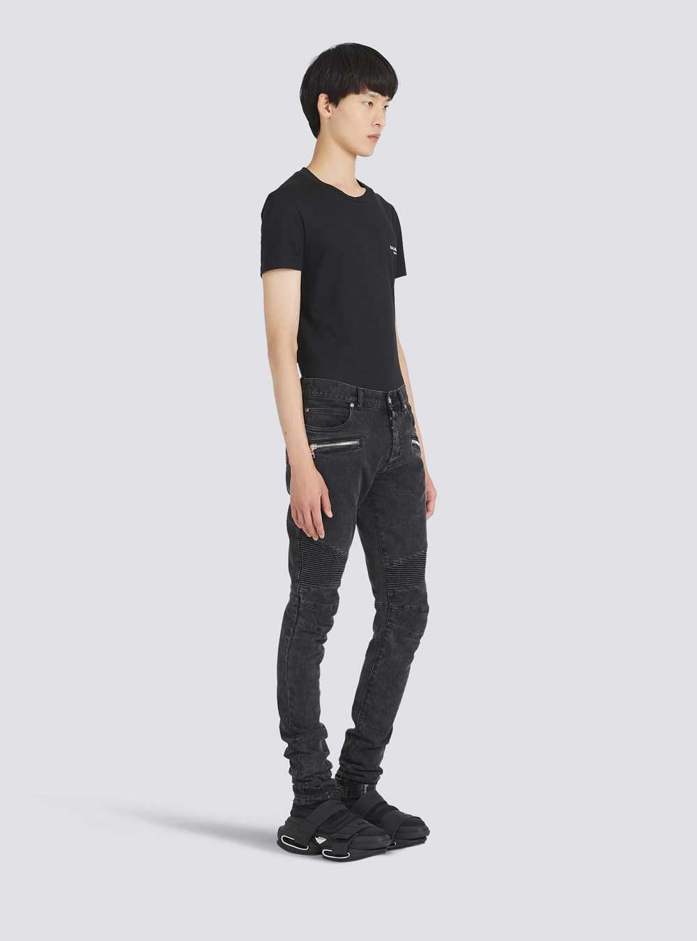 Balmain Slim Cut Ridged Cotton Jeans With Balmain Monogram On Hem Black | MCUIWHK-28