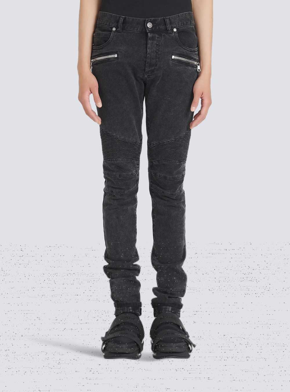 Balmain Slim Cut Ridged Cotton Jeans With Balmain Monogram On Hem Black | MCUIWHK-28