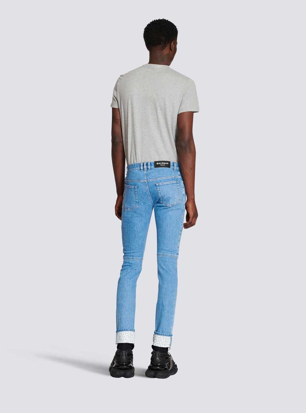 Balmain Slim Cut Ridged Cotton Jeans With Balmain Monogram Hem Blue | UMBDRPV-31