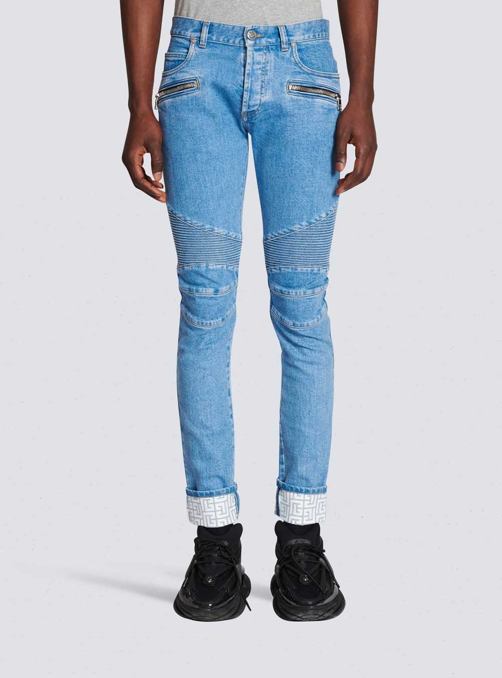 Balmain Slim Cut Ridged Cotton Jeans With Balmain Monogram Hem Blue | UMBDRPV-31