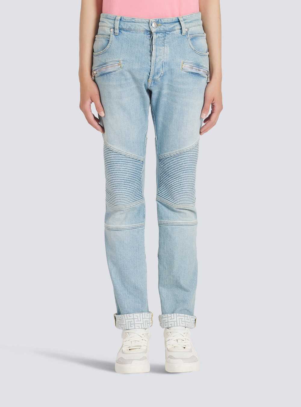 Balmain Slim Cut Ridged Eco-designed Denim Cotton Jeans With Balmain Monogram On Hem Blue | QRXTGLO-25