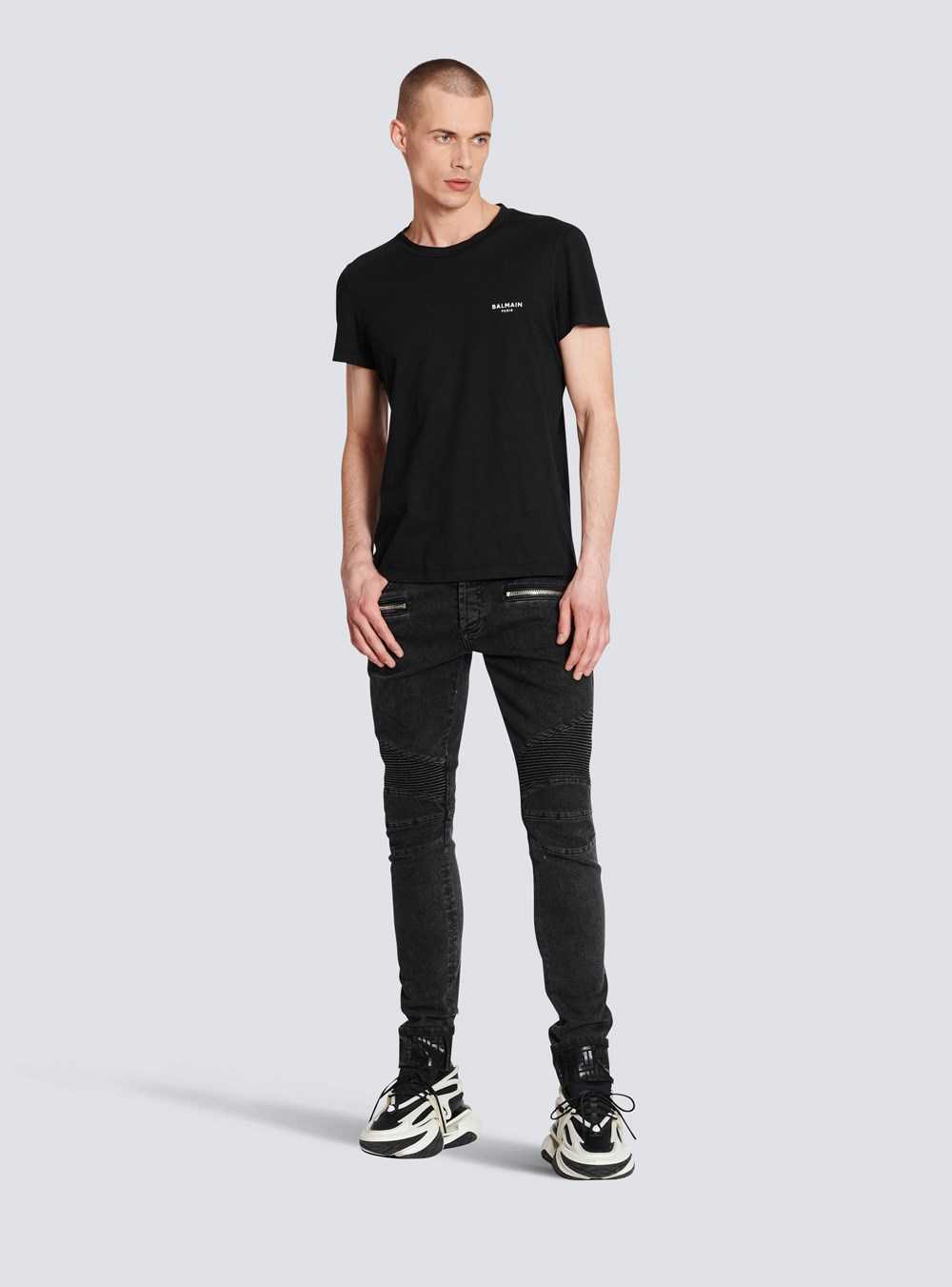 Balmain Slim Cut Ridged Faded Cotton Jeans With Balmain Monogram Hem Black | WHOMXQJ-08