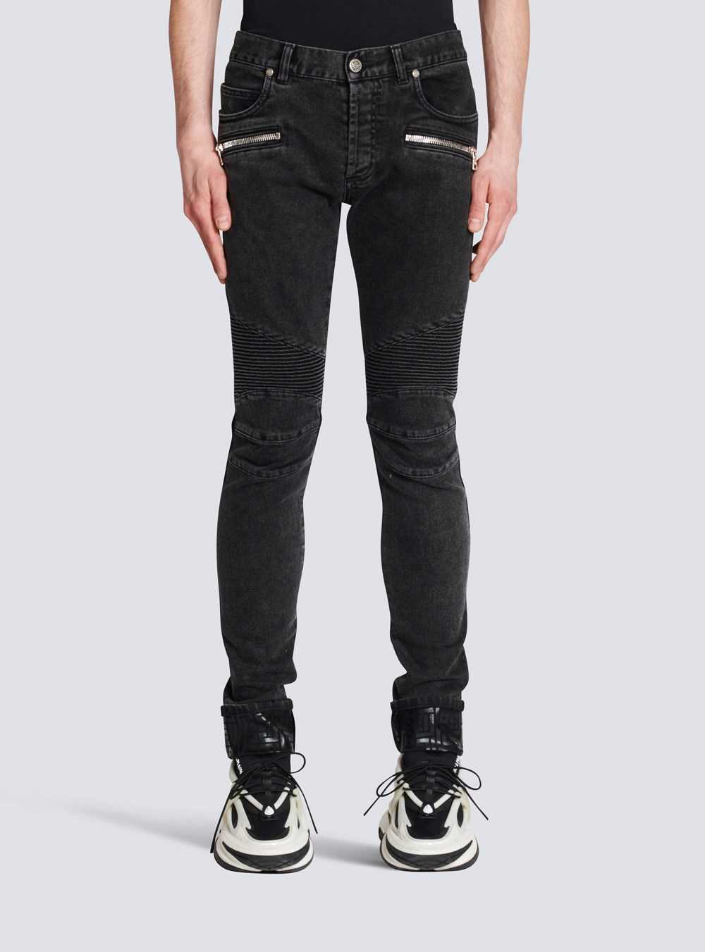 Balmain Slim Cut Ridged Faded Cotton Jeans With Balmain Monogram Hem Black | WHOMXQJ-08