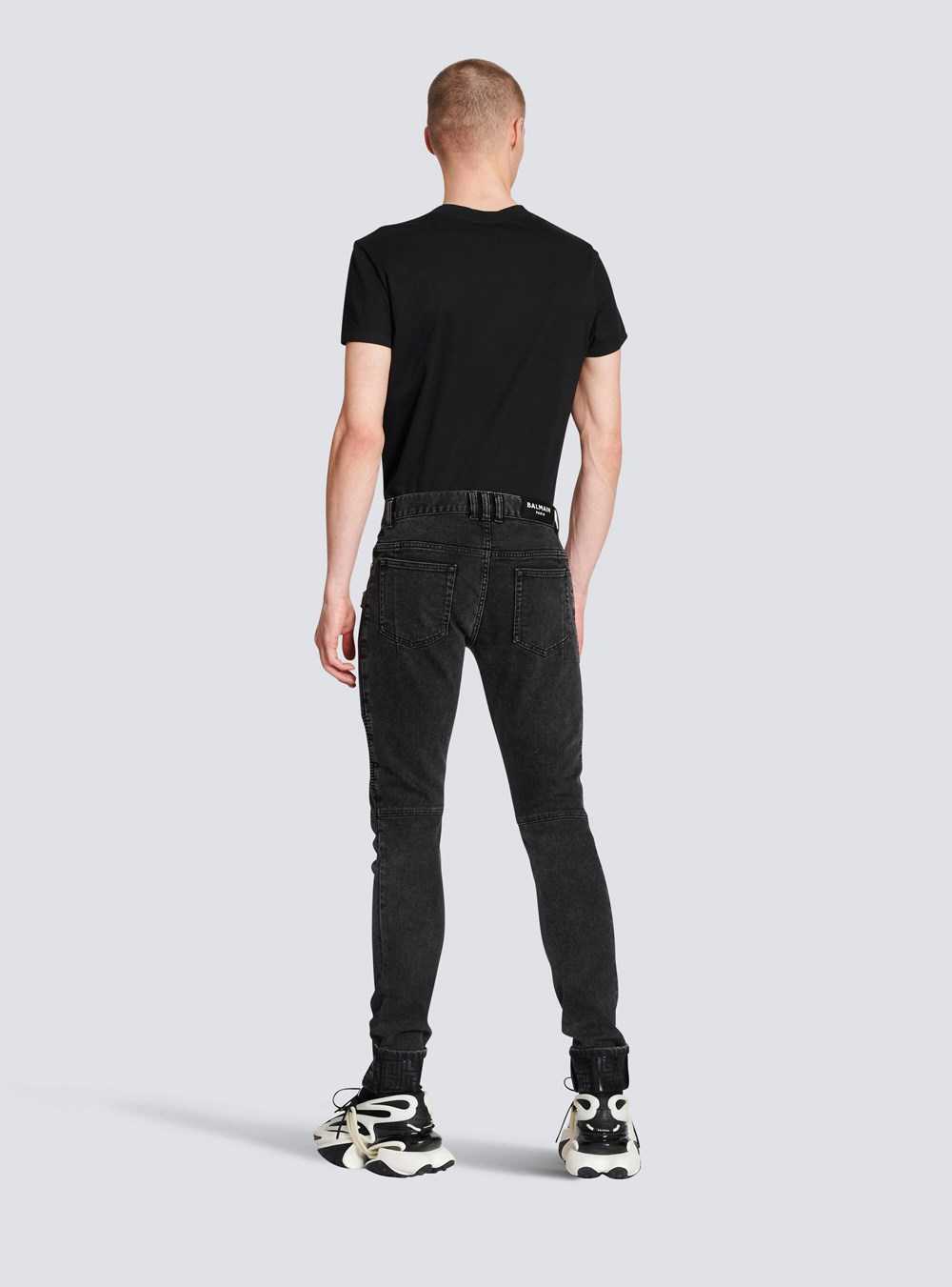 Balmain Slim Cut Ridged Faded Cotton Jeans With Balmain Monogram Hem Black | WHOMXQJ-08