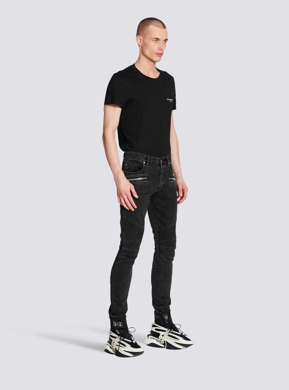 Balmain Slim Cut Ridged Faded Cotton Jeans With Balmain Monogram Hem Black | WHOMXQJ-08