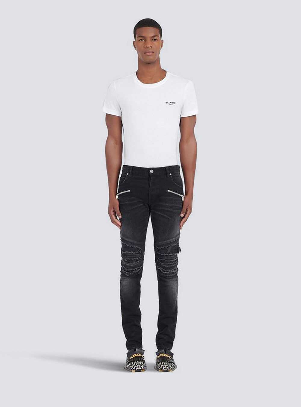 Balmain Slim Cut Ripped Cotton Jeans Black | WCLGJVH-61