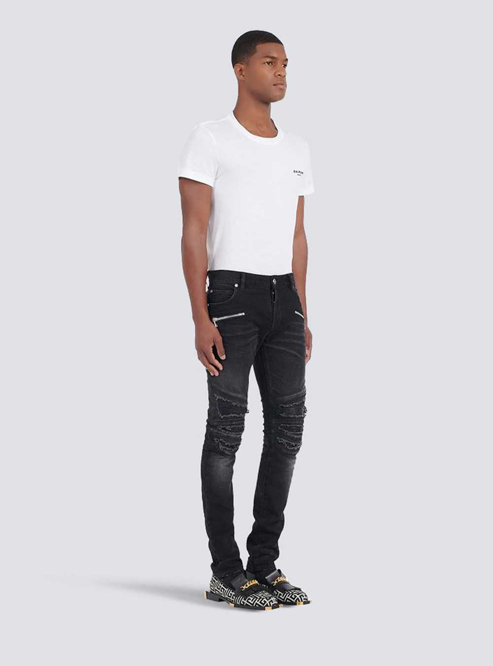 Balmain Slim Cut Ripped Cotton Jeans Black | WCLGJVH-61