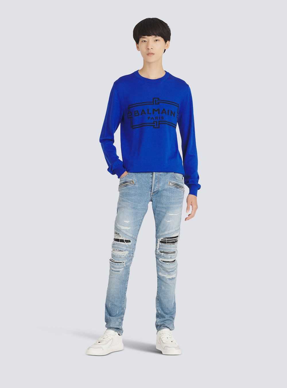 Balmain Slim Cut Ripped Cotton Jeans Blue | OQLGWRA-40