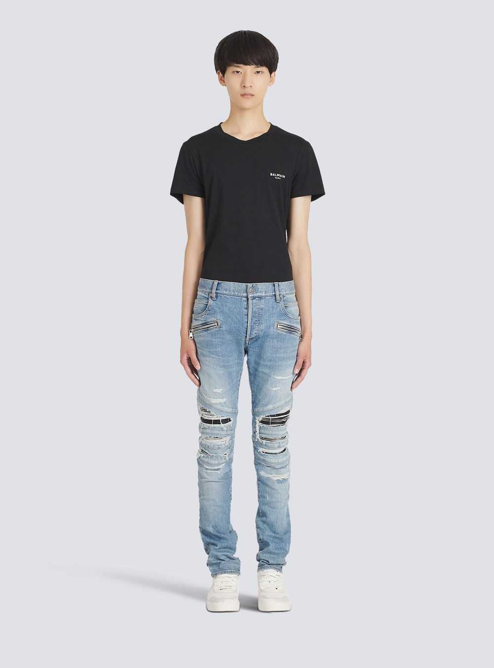 Balmain Slim Cut Ripped Cotton Jeans Blue | OQLGWRA-40