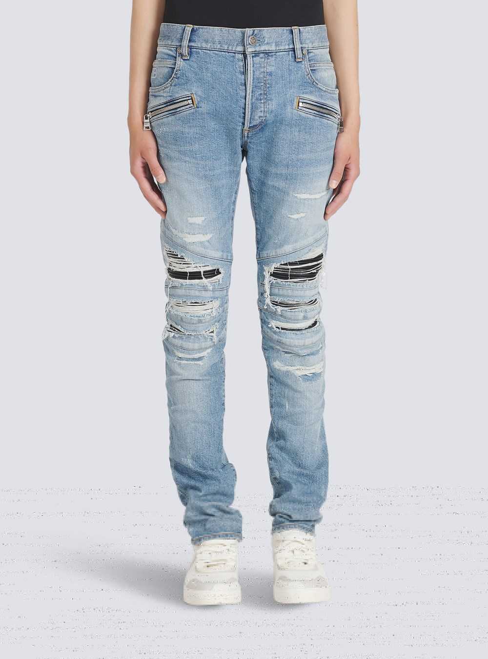 Balmain Slim Cut Ripped Cotton Jeans Blue | OQLGWRA-40