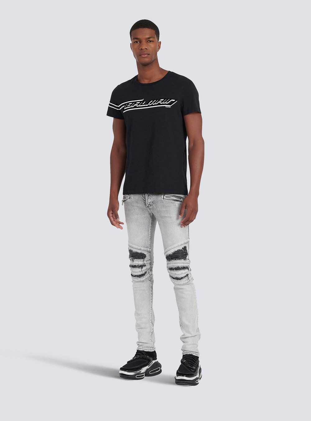 Balmain Slim Cut Ripped Cotton Jeans With Synthetic Leather Panels Grey | MQOENJP-50