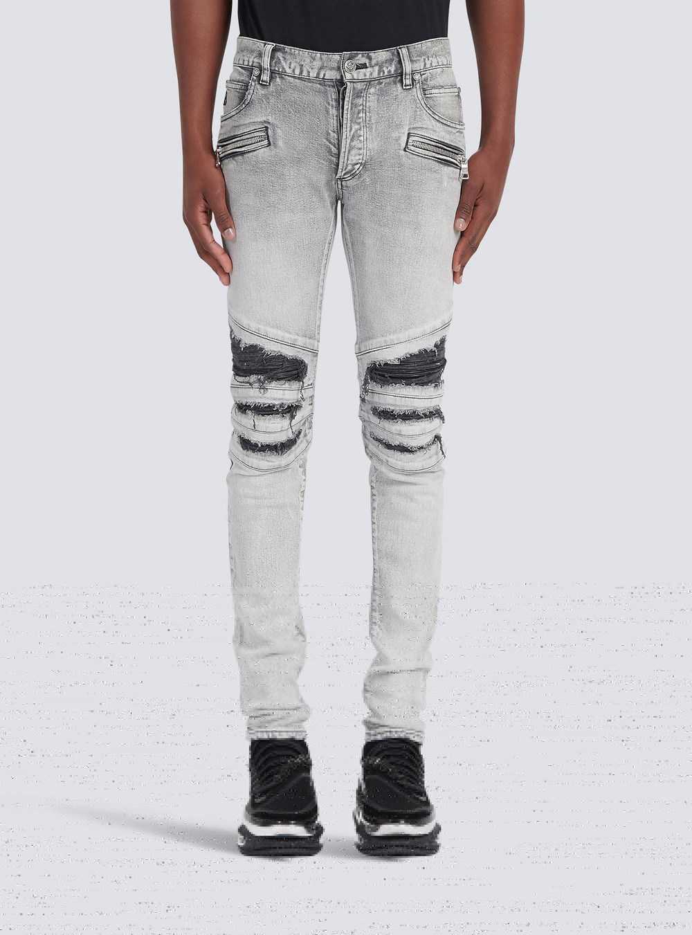 Balmain Slim Cut Ripped Cotton Jeans With Synthetic Leather Panels Grey | MQOENJP-50