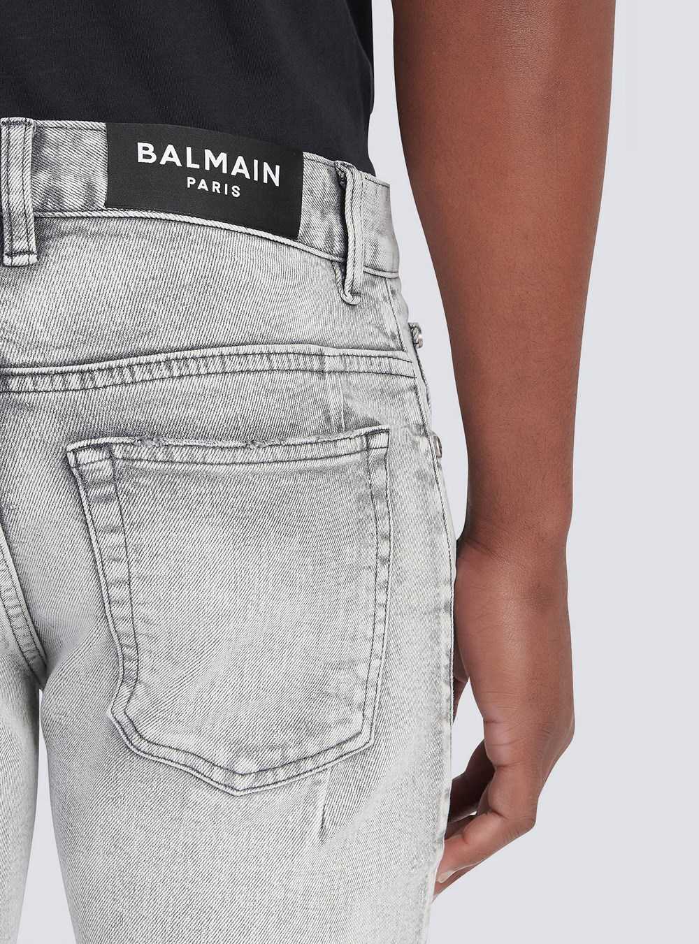 Balmain Slim Cut Ripped Cotton Jeans With Synthetic Leather Panels Grey | MQOENJP-50