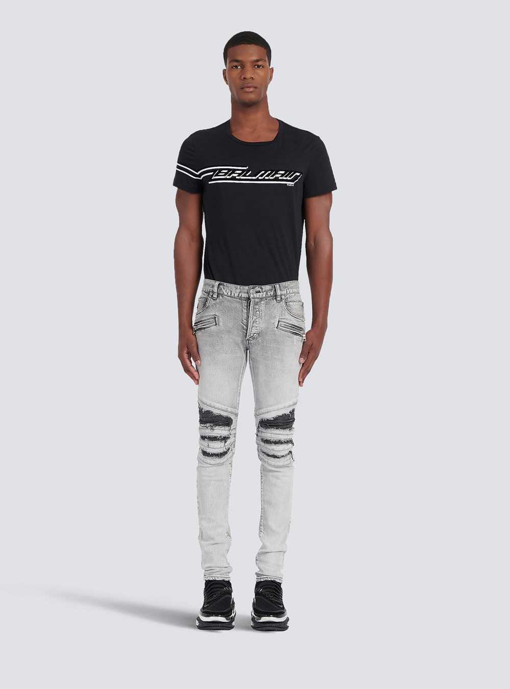 Balmain Slim Cut Ripped Cotton Jeans With Synthetic Leather Panels Grey | MQOENJP-50