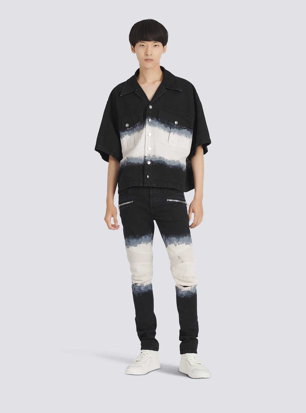 Balmain Slim Cut Tie-dye Ribbed Cotton Jeans Black | OFRHAGK-13