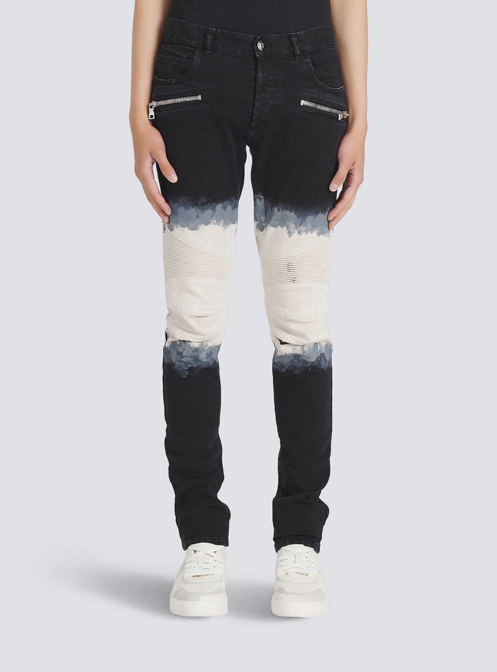 Balmain Slim Cut Tie-dye Ribbed Cotton Jeans Black | OFRHAGK-13