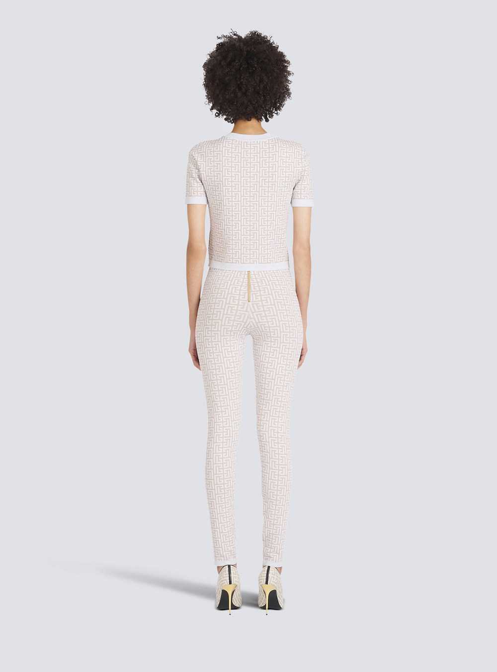 Balmain Sparkly Knit Leggings With Balmain Monogram White | BIZCRFY-69