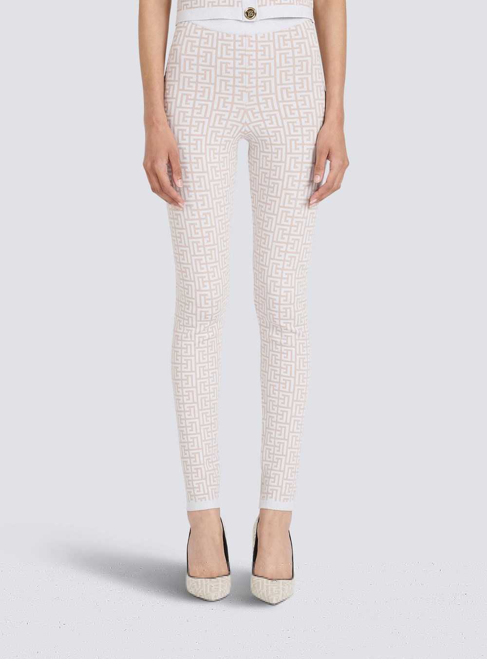 Balmain Sparkly Knit Leggings With Balmain Monogram White | BIZCRFY-69