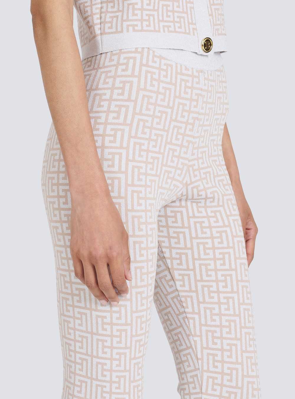 Balmain Sparkly Knit Leggings With Balmain Monogram White | BIZCRFY-69