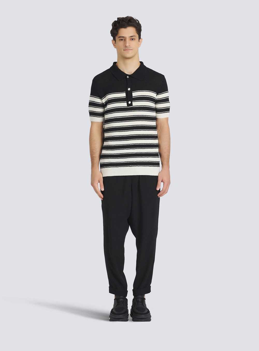 Balmain Striped Cotton Polo Black | DQGXOEB-60