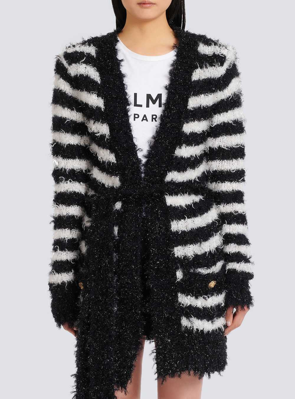 Balmain Striped Knit Cardigan Black | BHCDIML-53