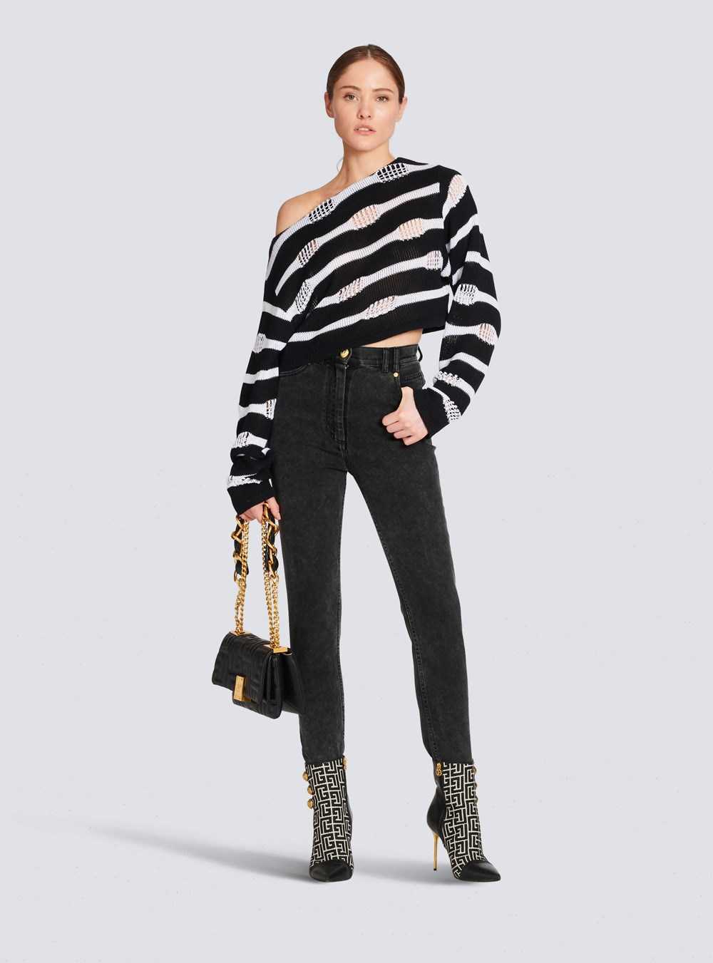 Balmain Striped Off-the-shoulder Destroyed Crop Top Black | AQGIOFU-25