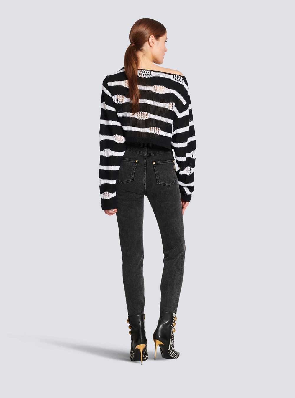 Balmain Striped Off-the-shoulder Destroyed Crop Top Black | AQGIOFU-25