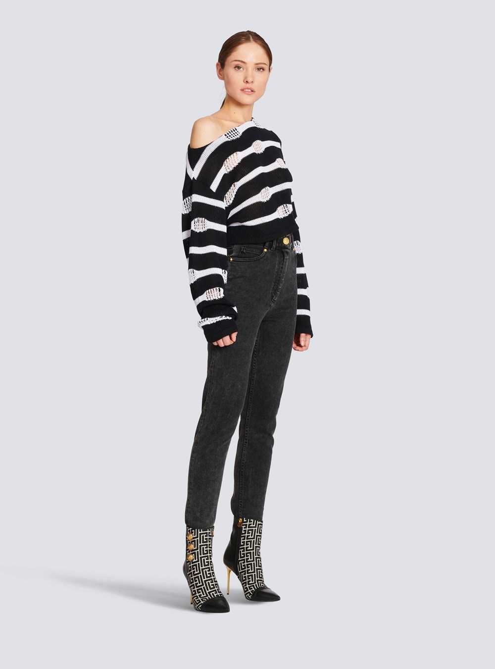 Balmain Striped Off-the-shoulder Destroyed Crop Top Black | AQGIOFU-25