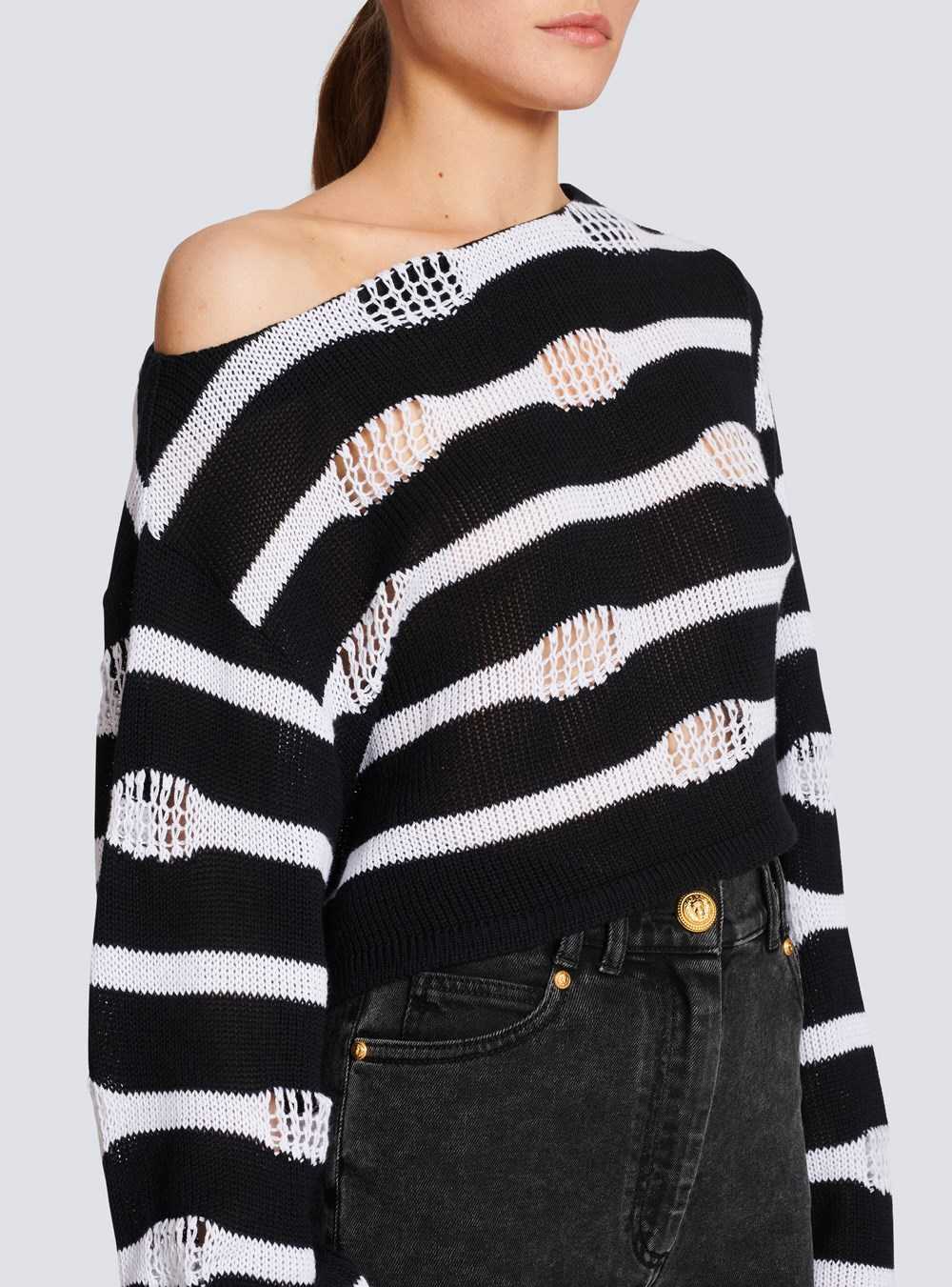 Balmain Striped Off-the-shoulder Destroyed Crop Top Black | AQGIOFU-25