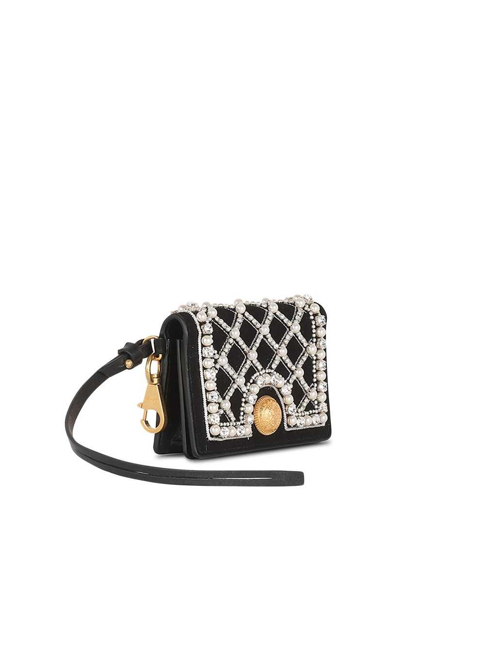 Balmain Suede And Embroidered Pearl Coin Card Holder Black | ZUWSRCN-03