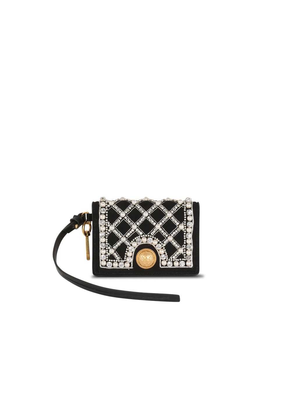 Balmain Suede And Embroidered Pearl Coin Card Holder Black | ZUWSRCN-03