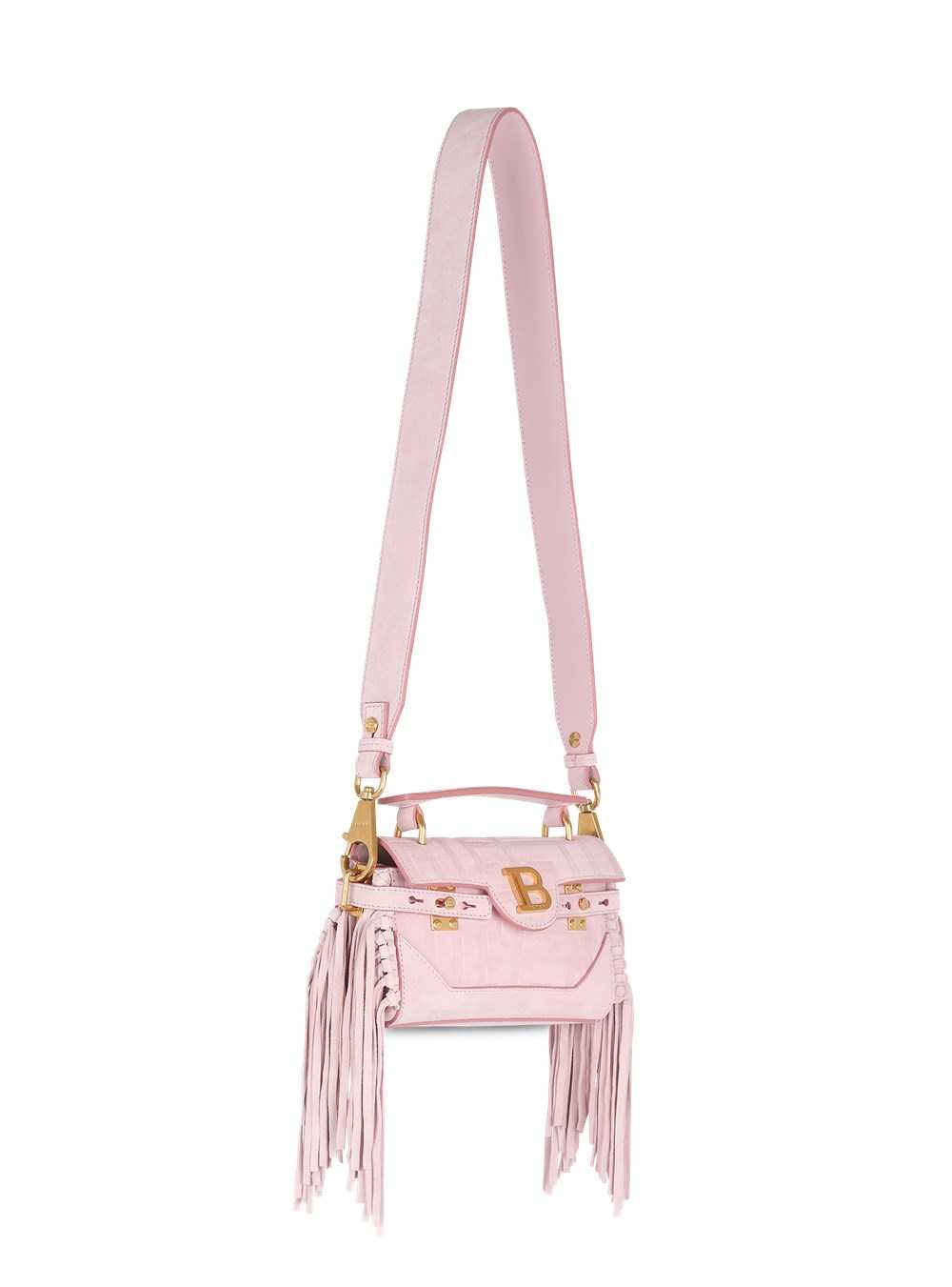 Balmain Suede B-buzz 19 Baguette Bag With Fringe Pink | AIDNHZK-02