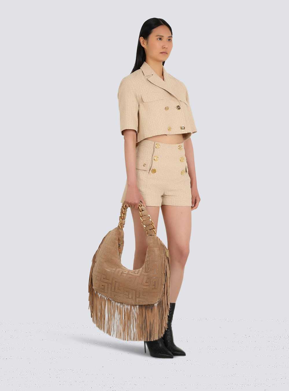 Balmain Suede Pillow Hobo Bag With Fringe Beige | CFNEWQV-85