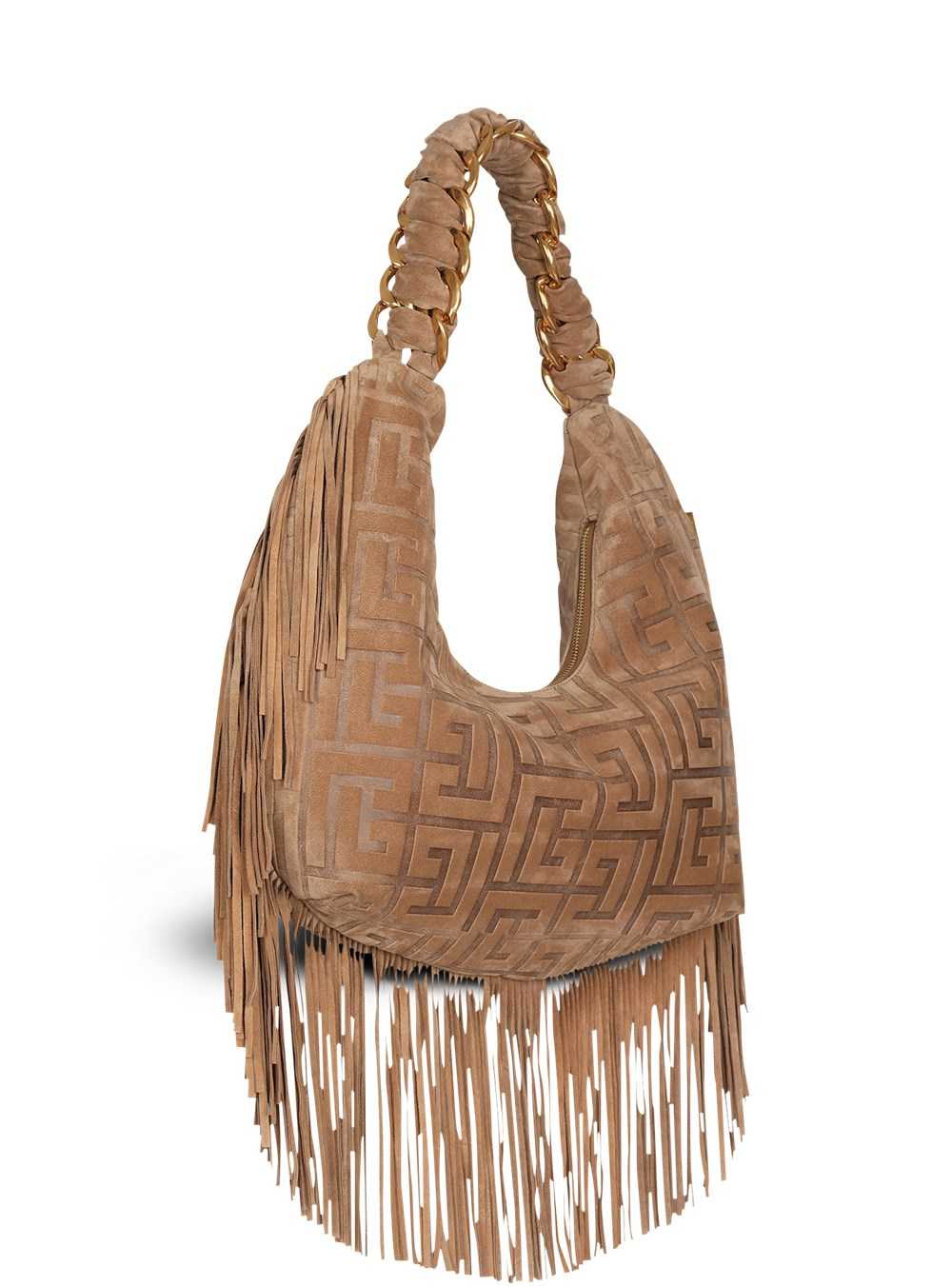 Balmain Suede Pillow Hobo Bag With Fringe Beige | CFNEWQV-85