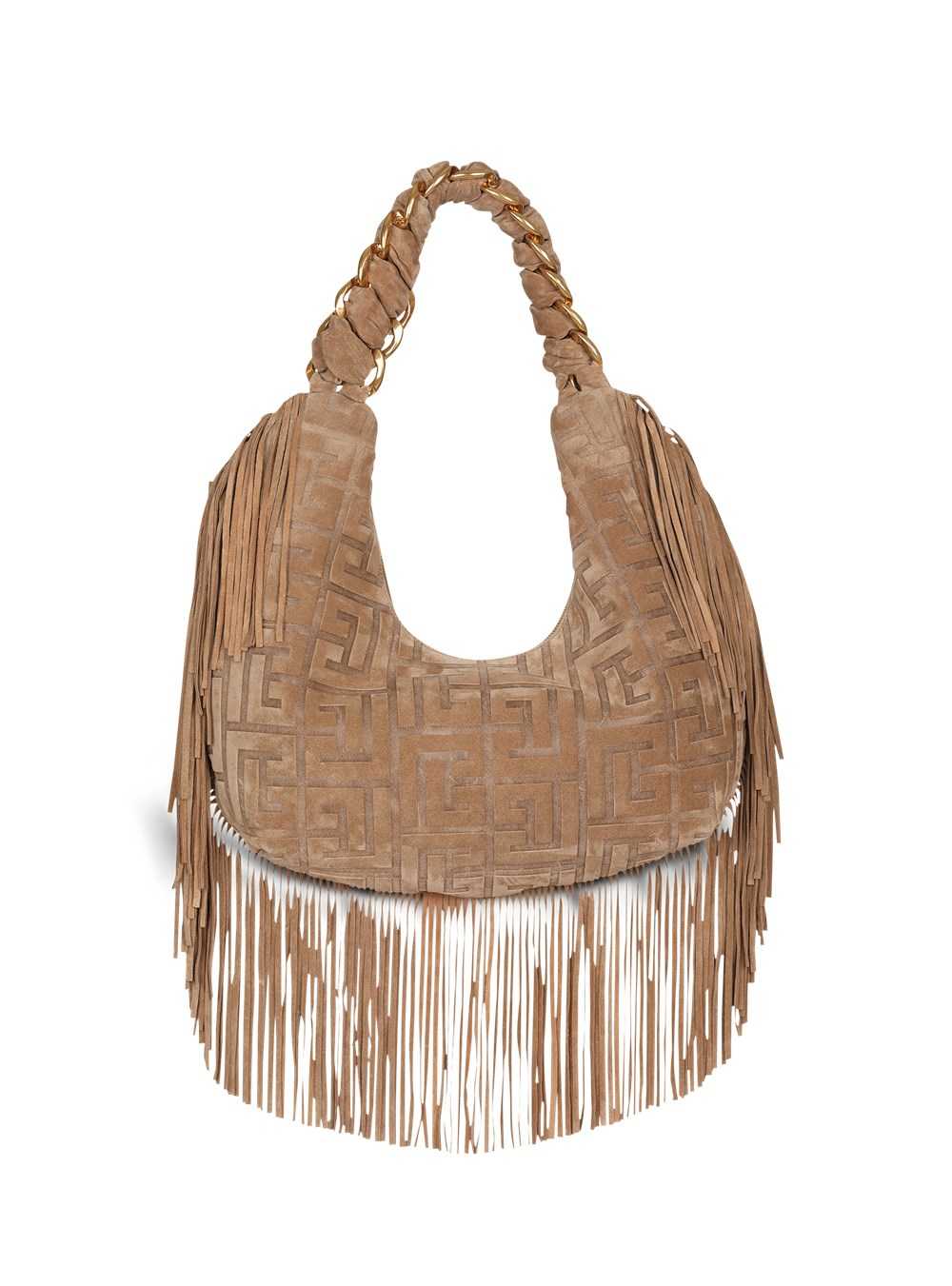 Balmain Suede Pillow Hobo Bag With Fringe Beige | CFNEWQV-85