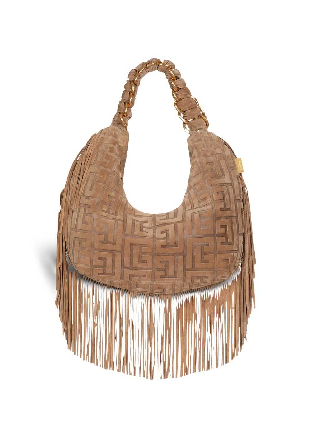 Balmain Suede Pillow Hobo Bag With Fringe Beige | CFNEWQV-85