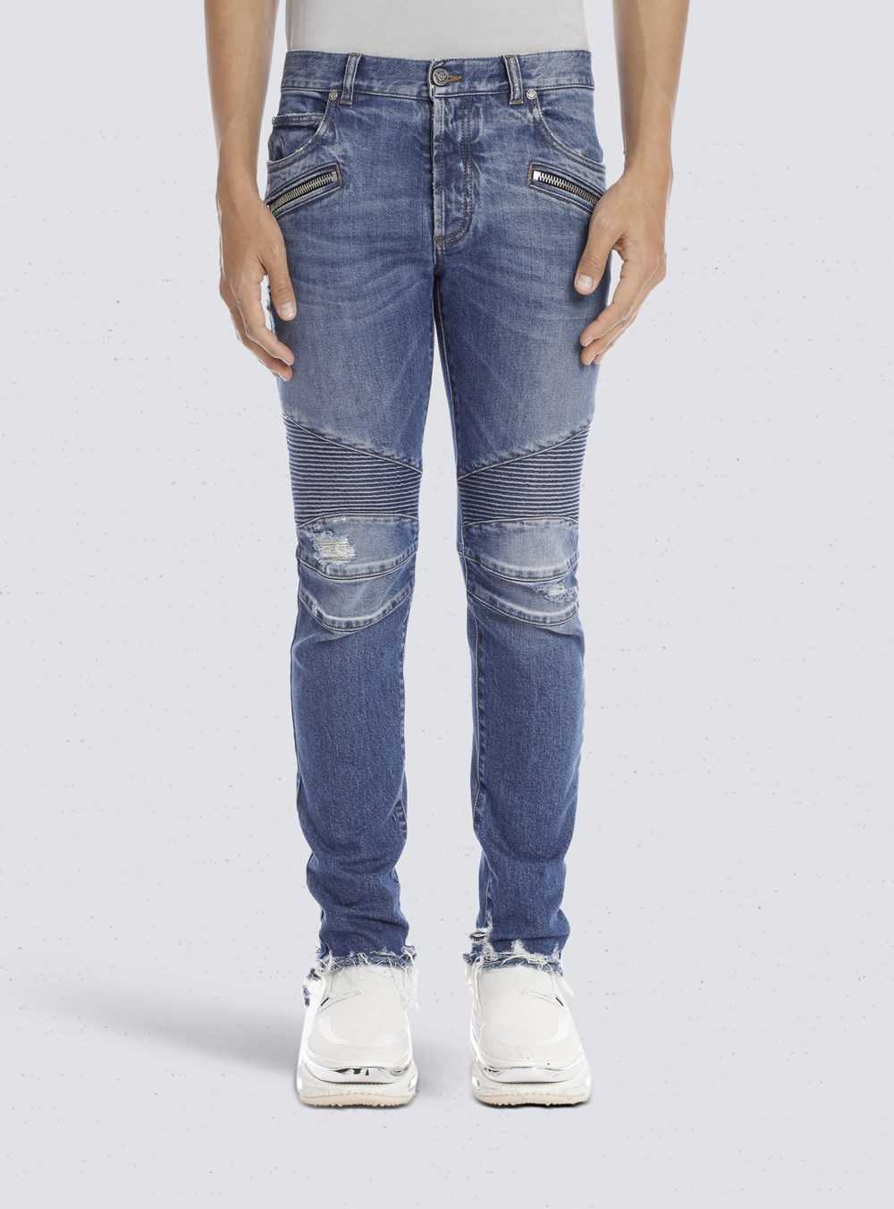 Balmain Tapered Ripped Blue Cotton Jeans Blue | BIYQFWT-50