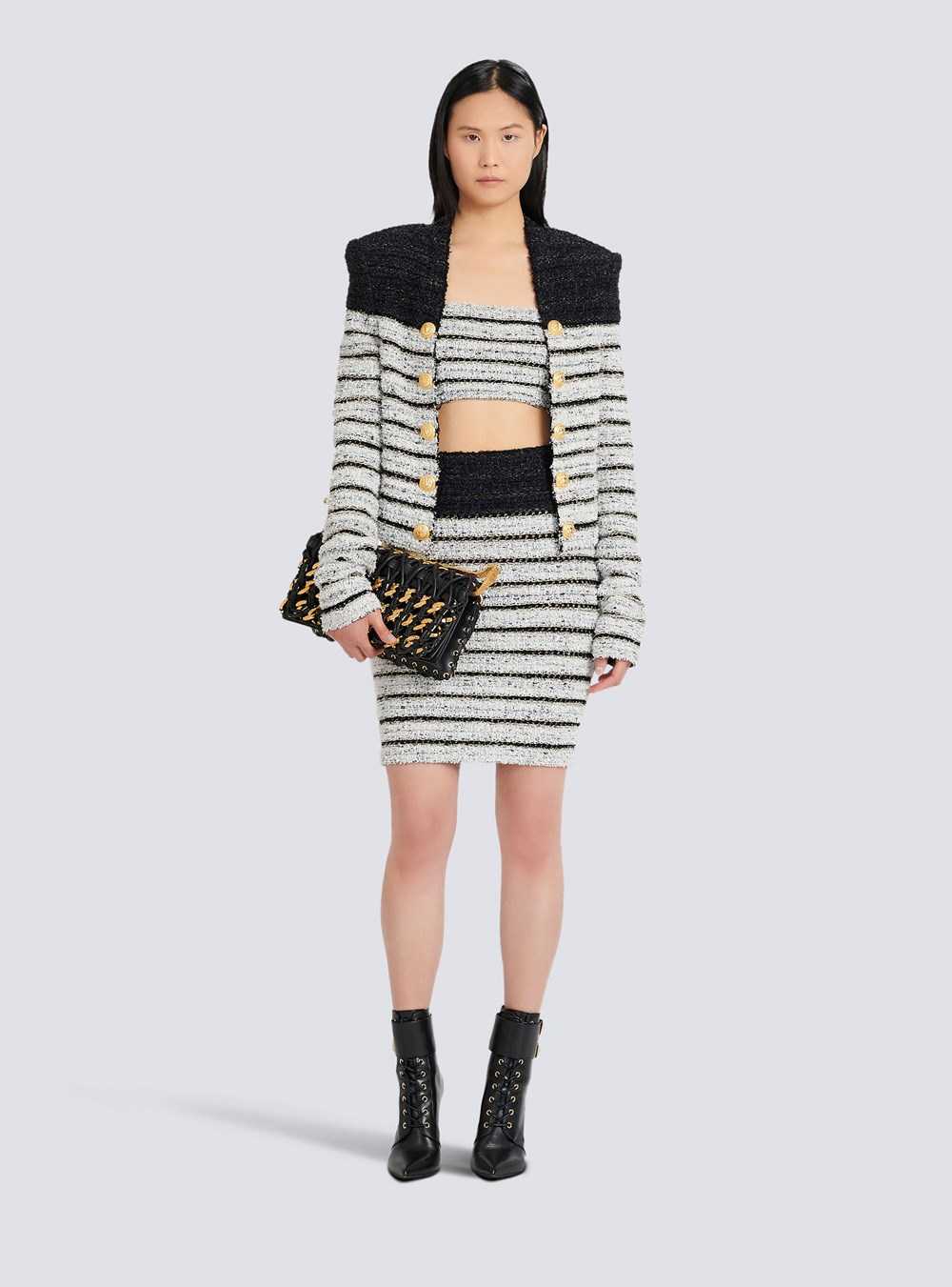 Balmain Tweed Crop Top With Chains Multicolor | KYADCLO-59