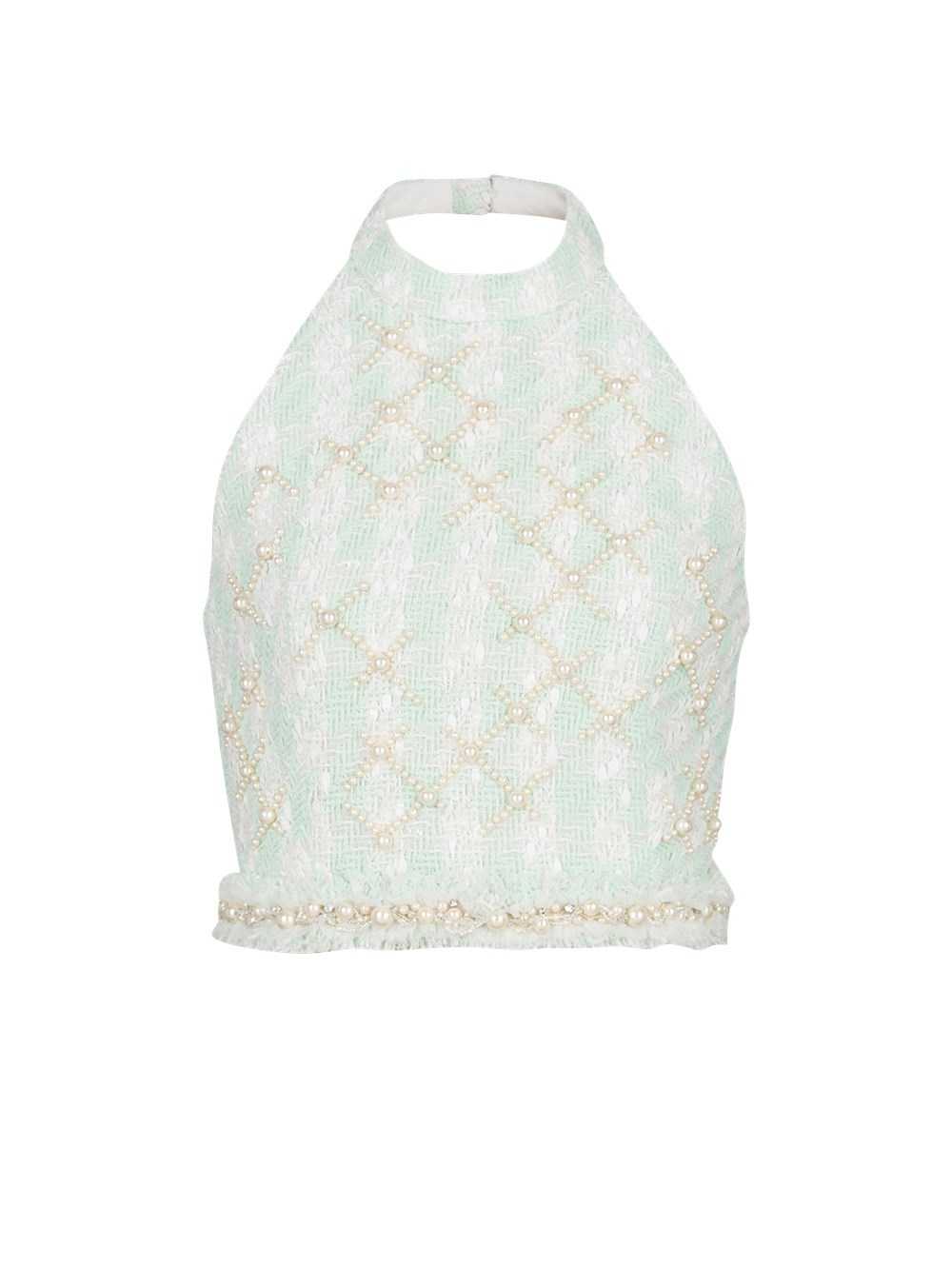 Balmain Tweed Crop Top With Embroidery Green | WAJGSXF-81